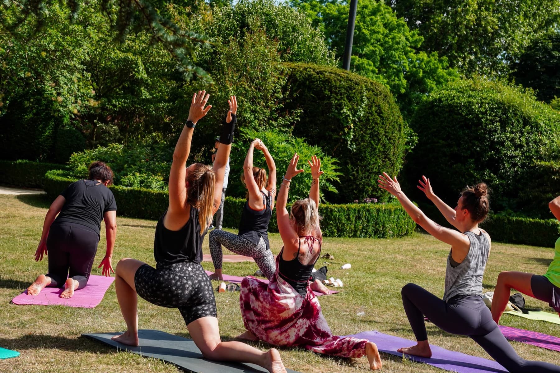 A yoga class moving through a low lunge with arms raised, practising outdoors on grass beside a clipped hedge