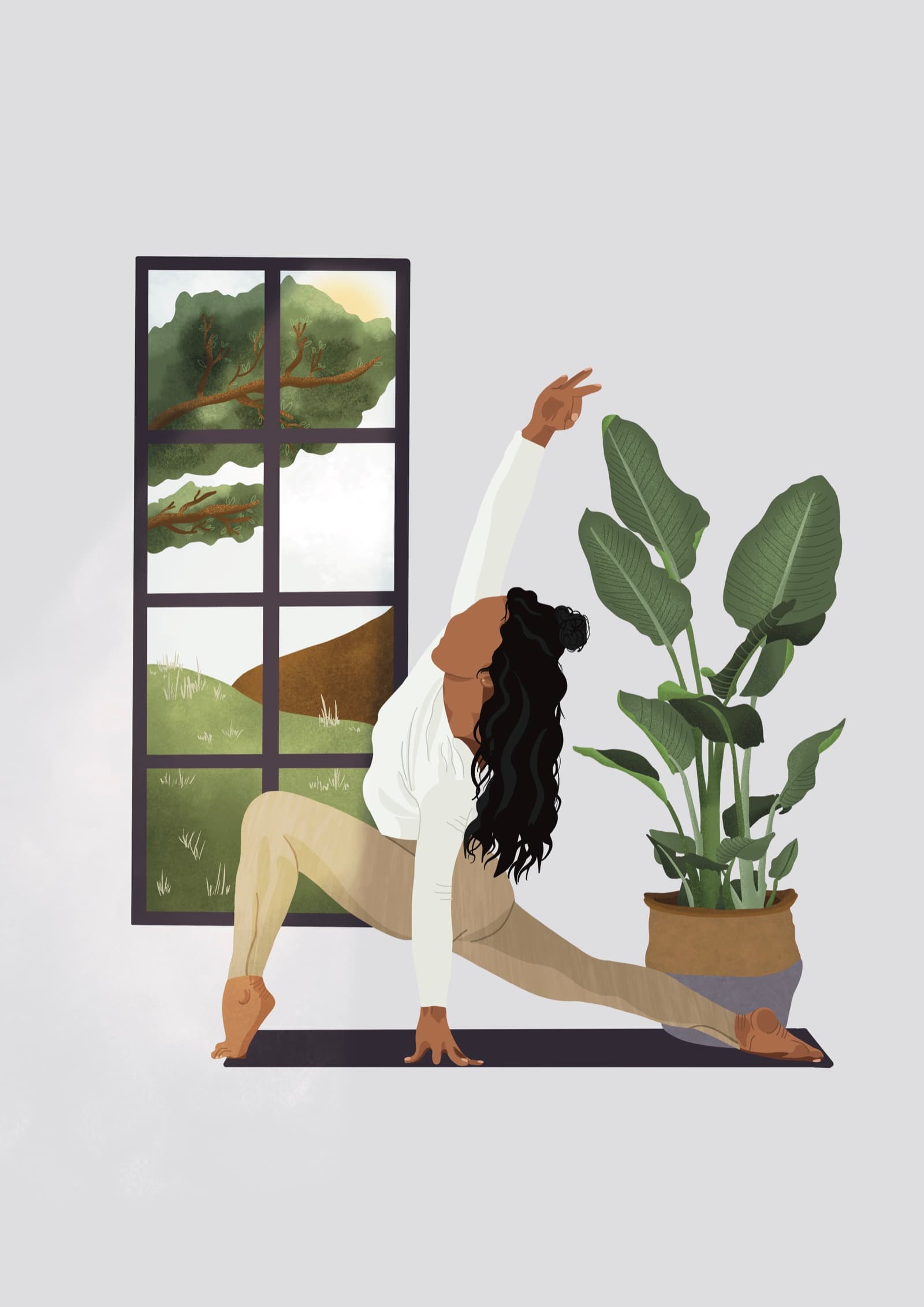 Illustration of a woman in a low lunge on a yoga mat, one arm reaching up, beside a tall houseplant and a window onto green hills — gentle yoga for beginners in Saffron Walden and Cambridge